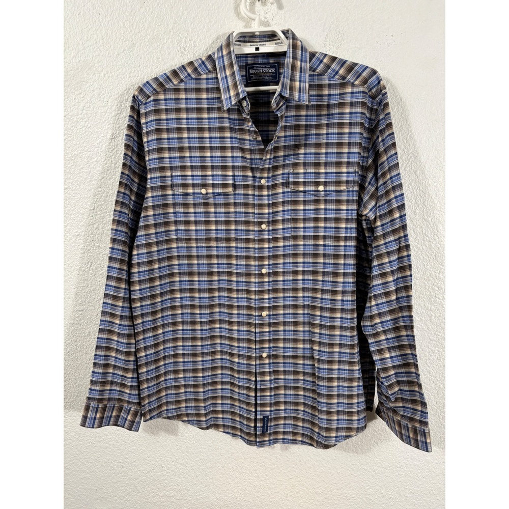 Rough Stock Western Shirt Mens L Blue‎ Brown Good Pearl Snap Plaid ROS5002